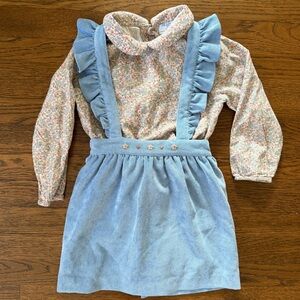 Luli & Me Floral Blouse with Blue Cord Pinafore Dress size 5